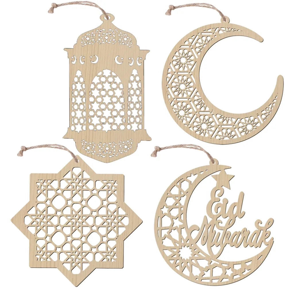  4 Stücke Holz Anhänger Ornament Ramadan Mubarak Eid Kareem Dekoration Mond Sterne Wind Licht Form Anhänger Ornament Für Ramadan Dekorationen
