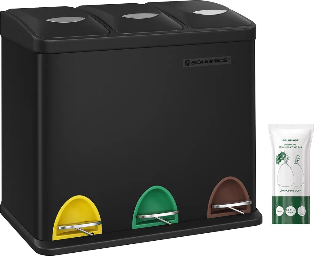  SONGMICS Mülleimer Für Die Küche, 3 X 8 Liter, Abfalleimer Aus Metall, 3-in-1 Treteimer, Mülltrennung, Mülltrennsystem, 15 Müllbeutel, Einfach Zu Reinigen, Stahl, Schwarz LTB24BK