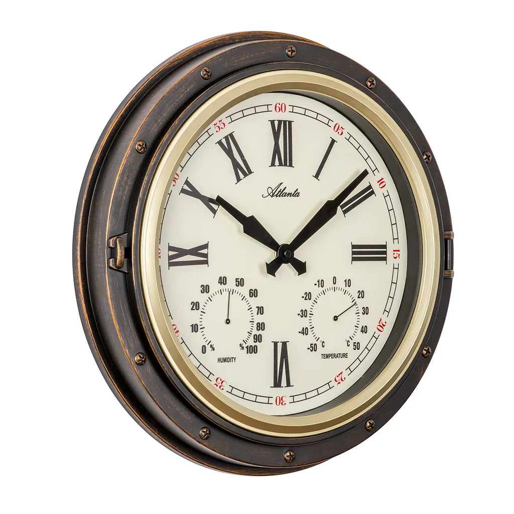  Atlanta 4546 Wanduhr Quarz Analog Antik-Optik Mit Thermometer
