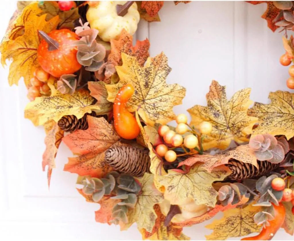  50cm Künstlicher Herbstkranz, Rosenkranz Für Haustür Ahornblatt Türkranz Mit Kürbis Beere Klingel Für Halloween Das Erntedankfest Innen- Oder Außenanordnung Dekoration
