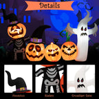  COSTWAY 226cm Aufblasbare Kürbis-Kombination LED Halloween-Dekoration Aufblasbar Mit Geister-, Skelett- & Hexenhüten Für Halloweenparty, Hinterhof & Garten