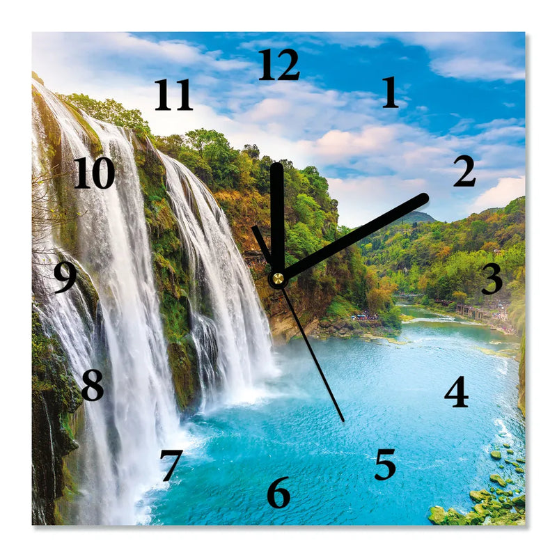  Wanduhr WASSERFALL Küchenuhr GLAS Wohnzimmeruhr DEKO Badezimmeruhr QUADRATISCH 30x30 Cm