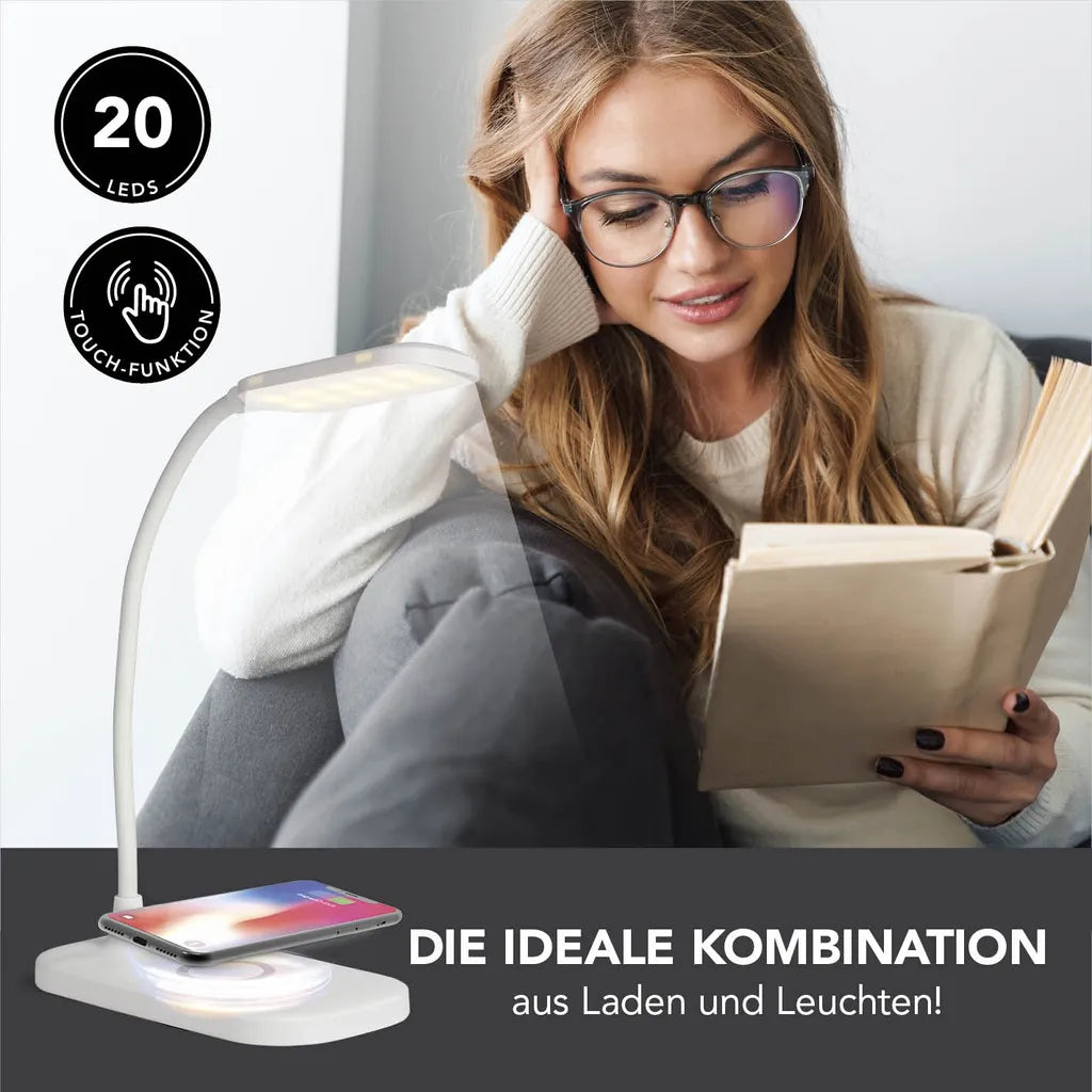  MAXXMEE LED-Tischleuchte Mit Wireless Charging - 3 Farbtemperaturen LED Tischleuchte Tischlampe Lampe USB Leuchte Wireless Touchfunktion Leselampe