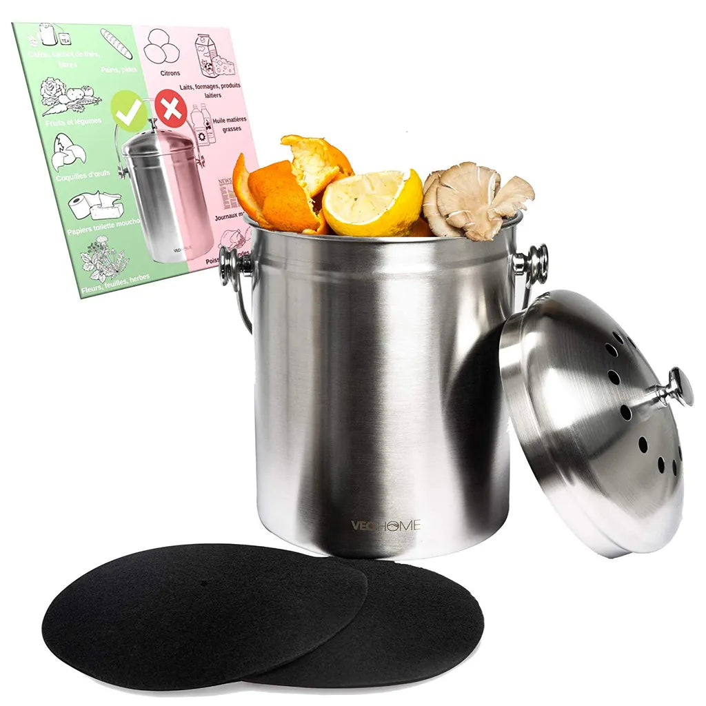  Komposteimer Küchen-Kompostbehälter VeoHome Mit Aktivkohlefilter (5L) - Rostfreier Edelstahl, 100% Luftdicht, Um Geruch Aus Organischen Lebensmittelresten Zu Hause