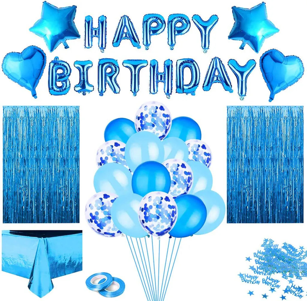  Geburtstagsdeko Blau Set, Happy Birthday Girlande Konfetti Ballons Tischdecke Blau Luftballons Glitzer Vorhang Konfetti Herz Stern Folienballon Für Mann Junge Mädchen Party Geburtstag Deko