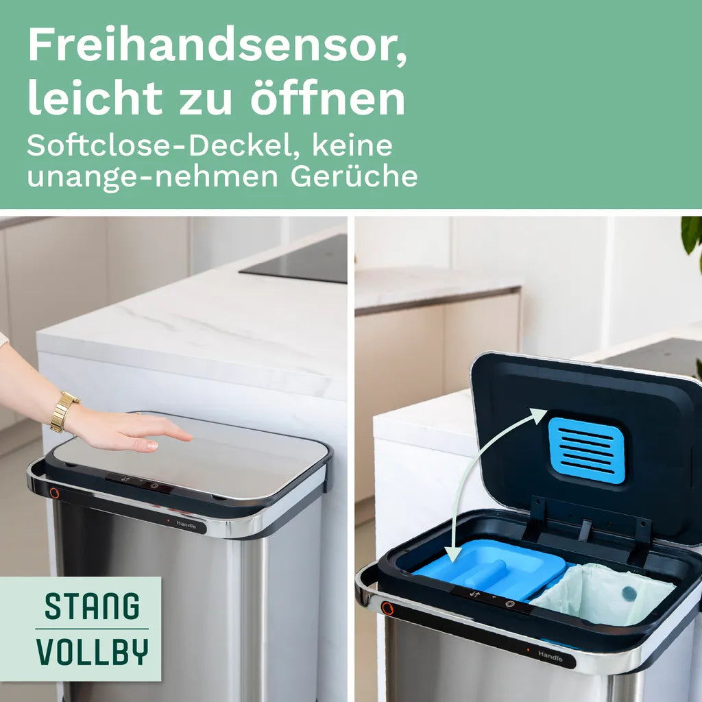 HALDEN Sensor Mülleimer - 60L - 4 Fächer - Edelstahl - Luftfilter - Abfallbehälter - Abfalleimer - Abfalltrennung Mülleimer