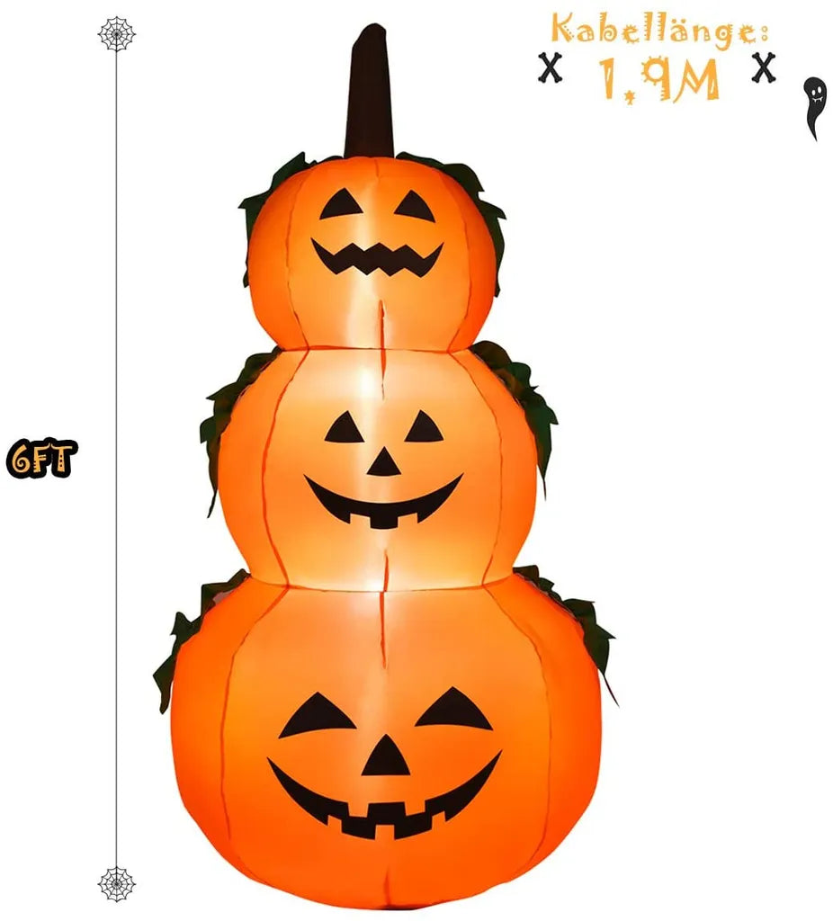  COSTWAY 180 Aufblasbarer Halloween Kürbis, 3 Stapel Kürbis Mit LED-Innenbeleuchtung, Halloween Kürbis Dekorationen Für Den Innen- Und Außenbereich