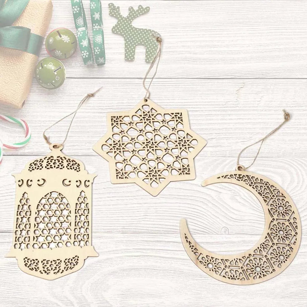  4 Stücke Holz Anhänger Ornament Ramadan Mubarak Eid Kareem Dekoration Mond Sterne Wind Licht Form Anhänger Ornament Für Ramadan Dekorationen