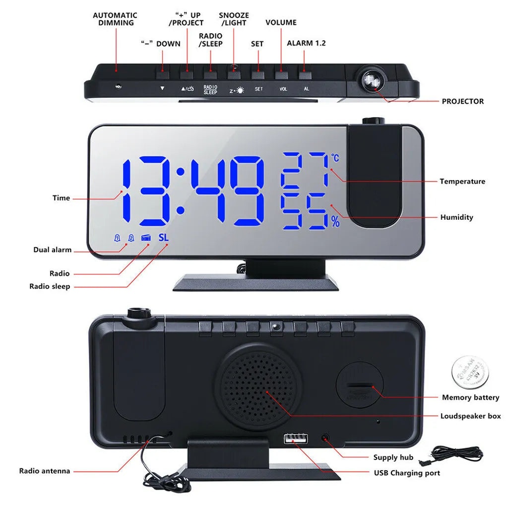  1x NEUER Digitaler LED-Projektionswecker ， (Weiß: Weiße Wörter) Mit FM-Radio-Snooze