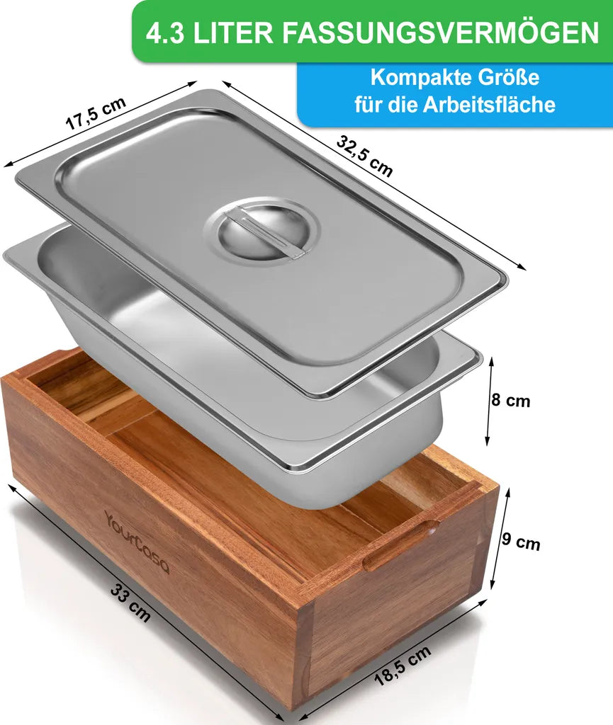  YourCasa® Komposteimer - Akazien Holz Box - Biomülleimer Küche - Spülmaschinenfest - Geruchsdicht- Herausnehmbarer Edelstahl Einsatz -Mülleimer Küche Mit Deckel Biomüll