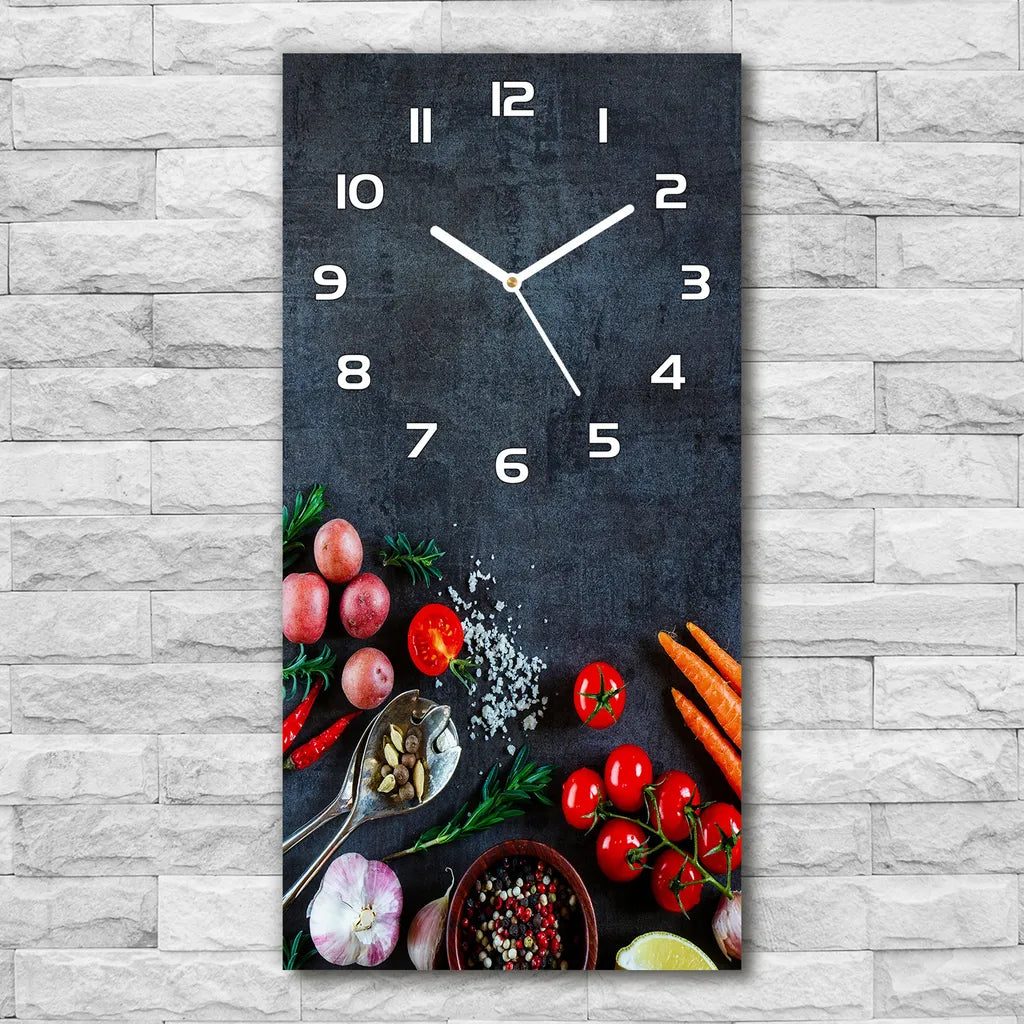  Wanduhr Aus Glas – 30x60 Cm - Glasbild - Glasuhr - Gehärtetes Glas -Gemüse Und Gewürze