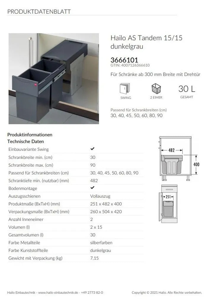  Hailo Einbau Abfallsammler Tandem 2x15l Mülleimer Abfalleimer Mülltrennung