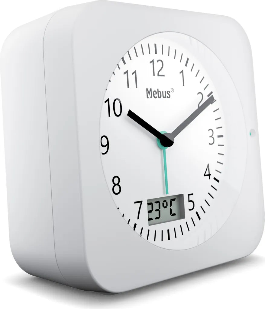  Mebus Funk-Wecker Mit Thermometer / Datumsanzeige, Schlummerfunktion, Großes Display/ Quadratisch / Hintergrundbeleuchtung / Farbe: Weiß / Modell: 25610