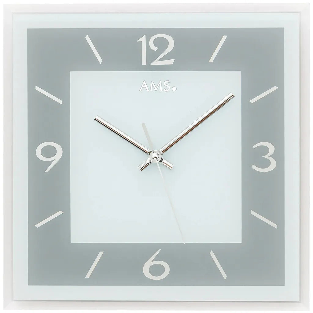  AMS 9573 Wanduhr Quarz Analog Grau Eckig Quadratisch Mit Glas Leise Ohne Ticken