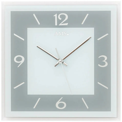  AMS 9573 Wanduhr Quarz Analog Grau Eckig Quadratisch Mit Glas Leise Ohne Ticken