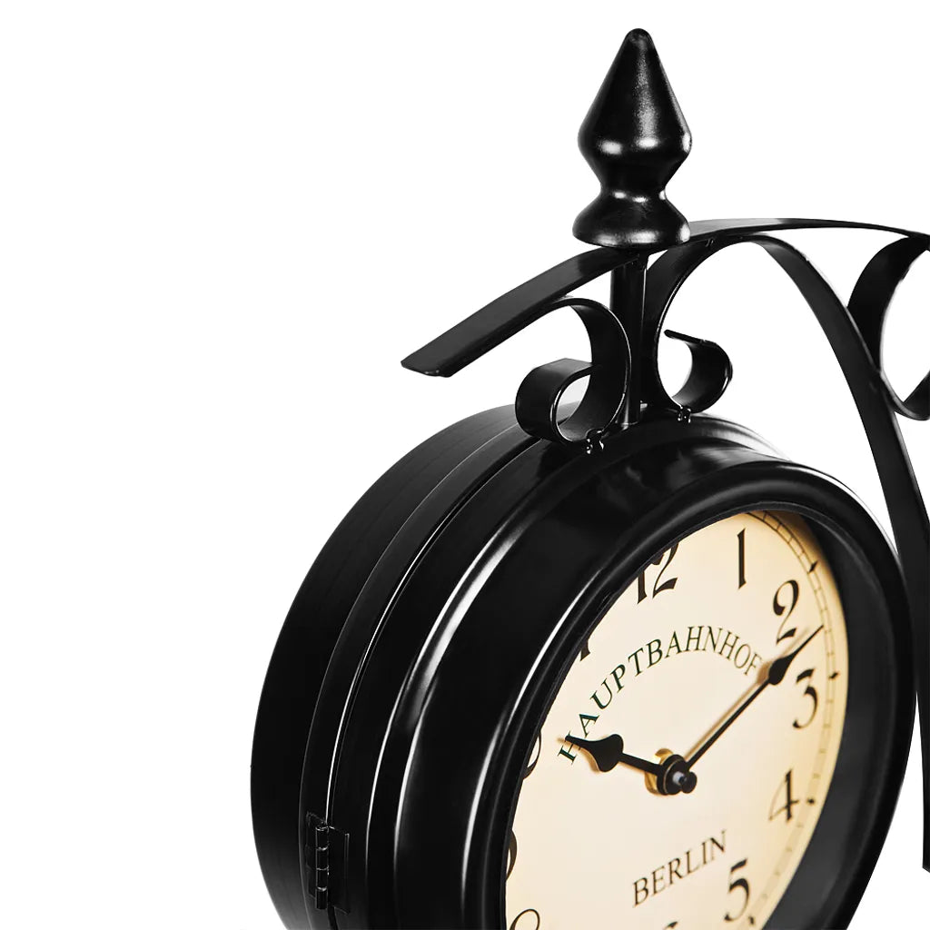  Monzana Wanduhr Vintage Quarzuhrwerke Mit Beidseitigem Ziffernblatt Doppelseitige Bahnhofsuhr Schmiedeeisern Retro-Design, Farbe:schwarz