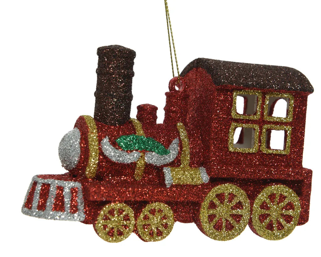  Christbaumschmuck Kunststoff Glitzer Lokomotive 12cm Rot / Gold