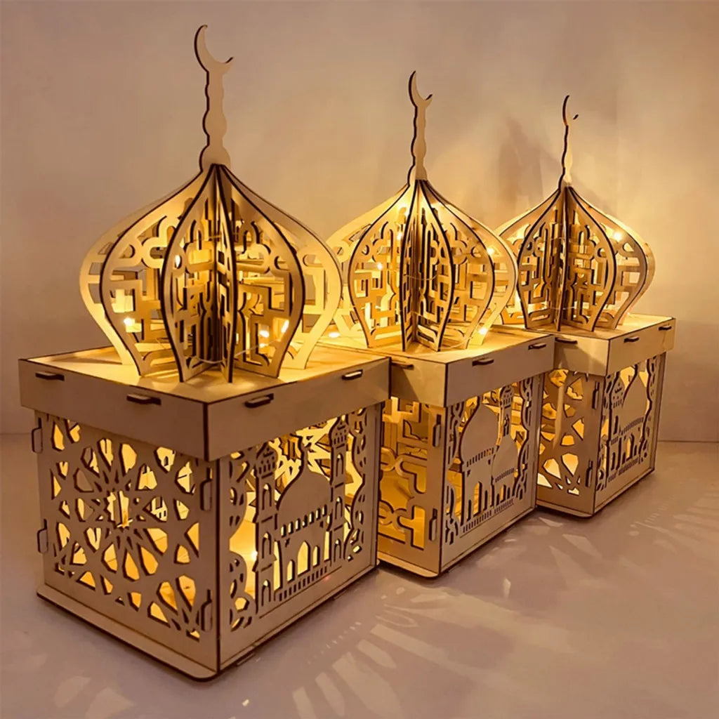  3 Stück Ramadan Dekoration Laterne LED Holz Stereo Palace Lampe Eid Mubarak Dekorative Laterne Ramadan Kareem Muslim Islam Party