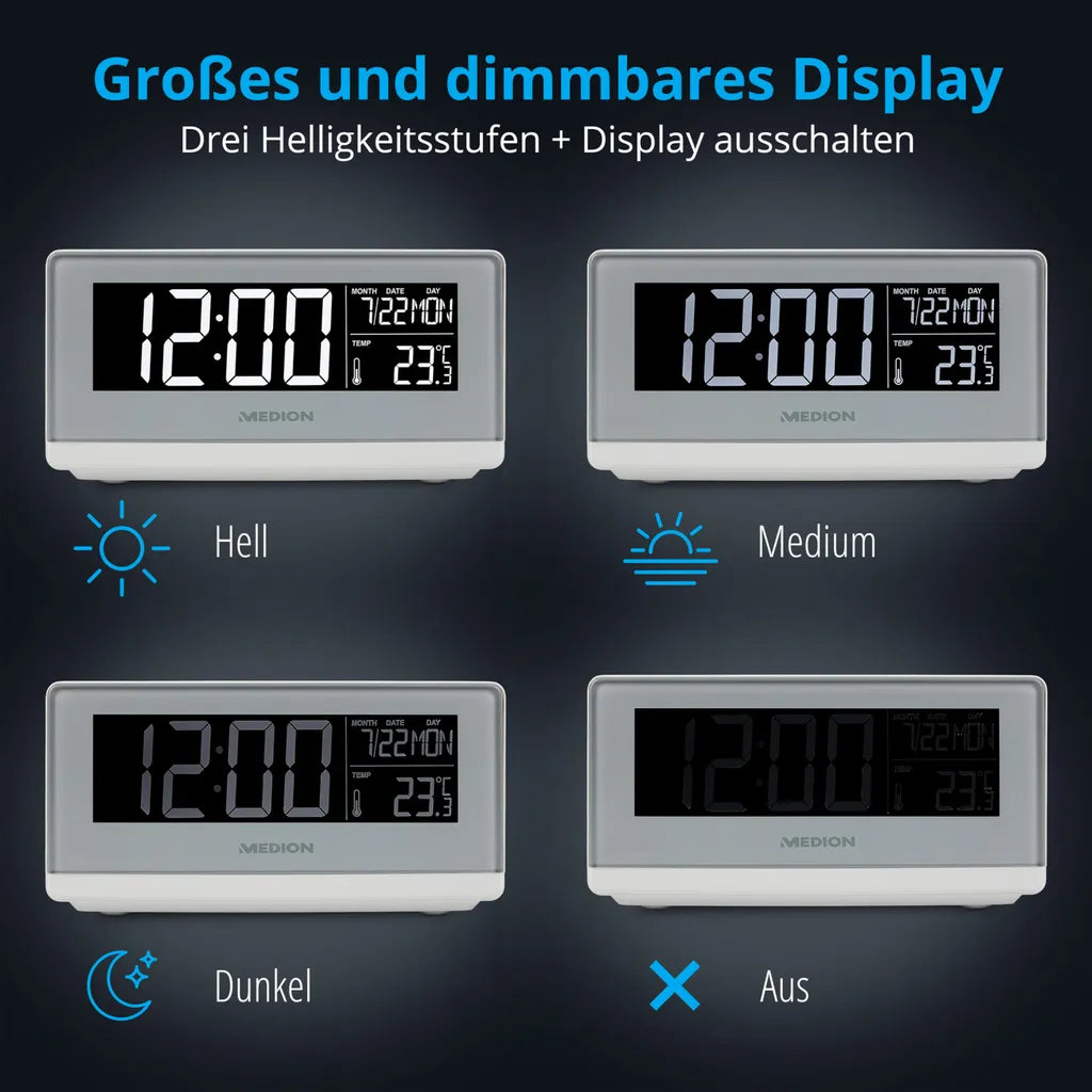  MEDION E75009 Wecker Mit Qi Ladefunktion (Weckstation, Ladestation, Induktives Laden, Temperaturanzeige, Snooze Schlummerfunktion, Timer, Displaydimmer) Silber