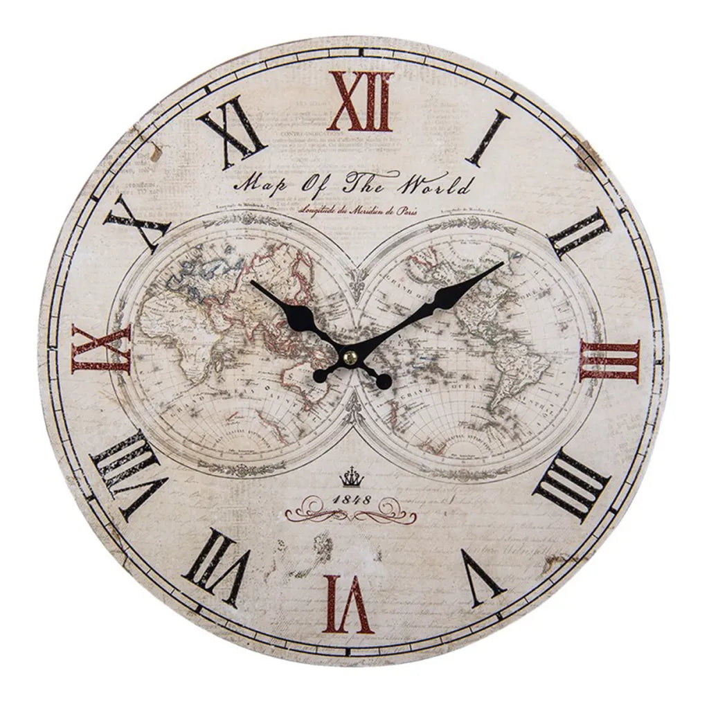  HAES DECO - Wanduhr 34 Cm Vintage Mit Weltkarte - Zifferblatt Römischen Ziffern