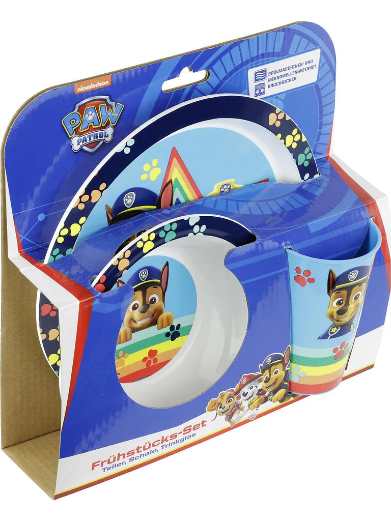  P:os Frühstücksset Paw Patrol (Teller, Schale Trinkglas) 3teilig, Blau, 3-teilig (1 Set)
