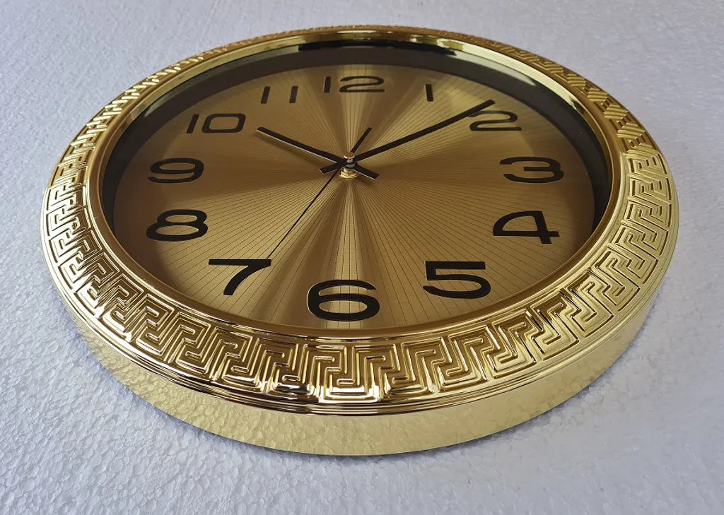  Uhr GOLD Wanduhr LAUTLOS 35cm Glänzend Bordüre Versage Maänder WoW Neu