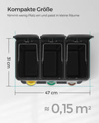  SONGMICS Mülleimer Für Die Küche, 3 X 8 Liter, Abfalleimer Aus Metall, 3-in-1 Treteimer, Mülltrennung, Mülltrennsystem, 15 Müllbeutel, Einfach Zu Reinigen, Stahl, Schwarz LTB24BK