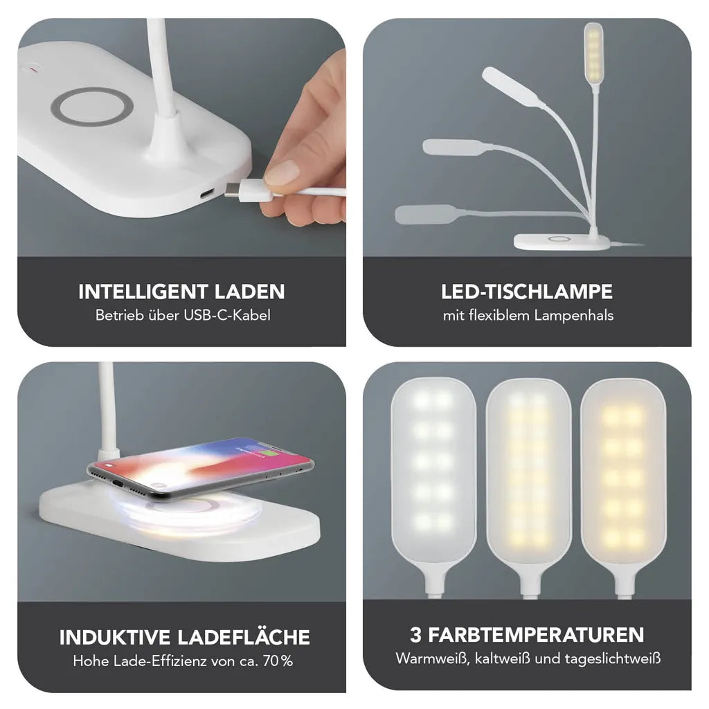  MAXXMEE LED-Tischleuchte Mit Wireless Charging - 3 Farbtemperaturen LED Tischleuchte Tischlampe Lampe USB Leuchte Wireless Touchfunktion Leselampe