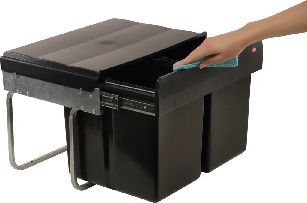  Wesco Niedriger Mülleimer Küche Ausziehbar | 2 X 15 L Einbaumülleimer Mit Schienengestell | Abfallsystem | Abfallsammler | Trennsystem | Bodenmontage | Kunststoff Schwarz | 28015 0
